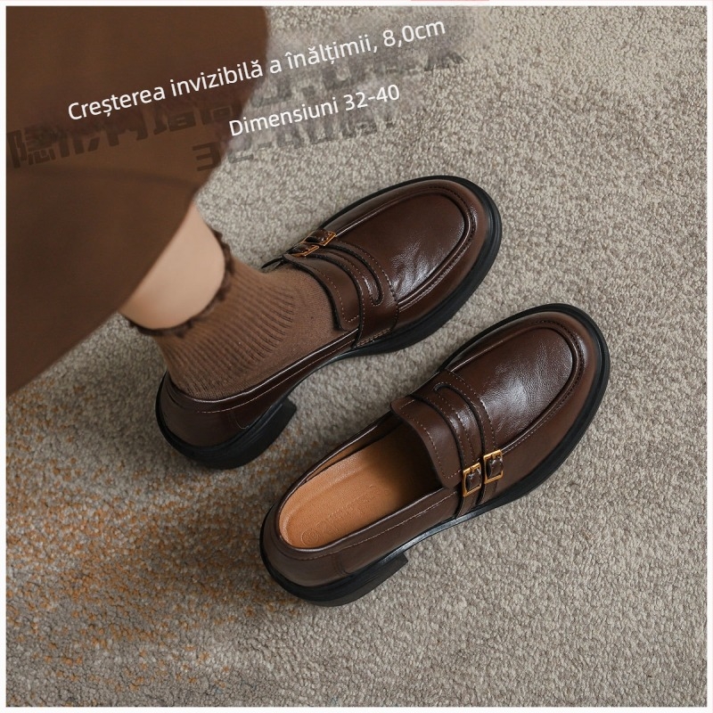 Loafers din piele cu creștere de 8,0 cm, vârf rotund, toc gros, slip-on cu cataramă