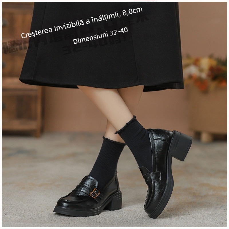 Loafers din piele cu creștere de 8,0 cm, vârf rotund, toc gros, slip-on cu cataramă