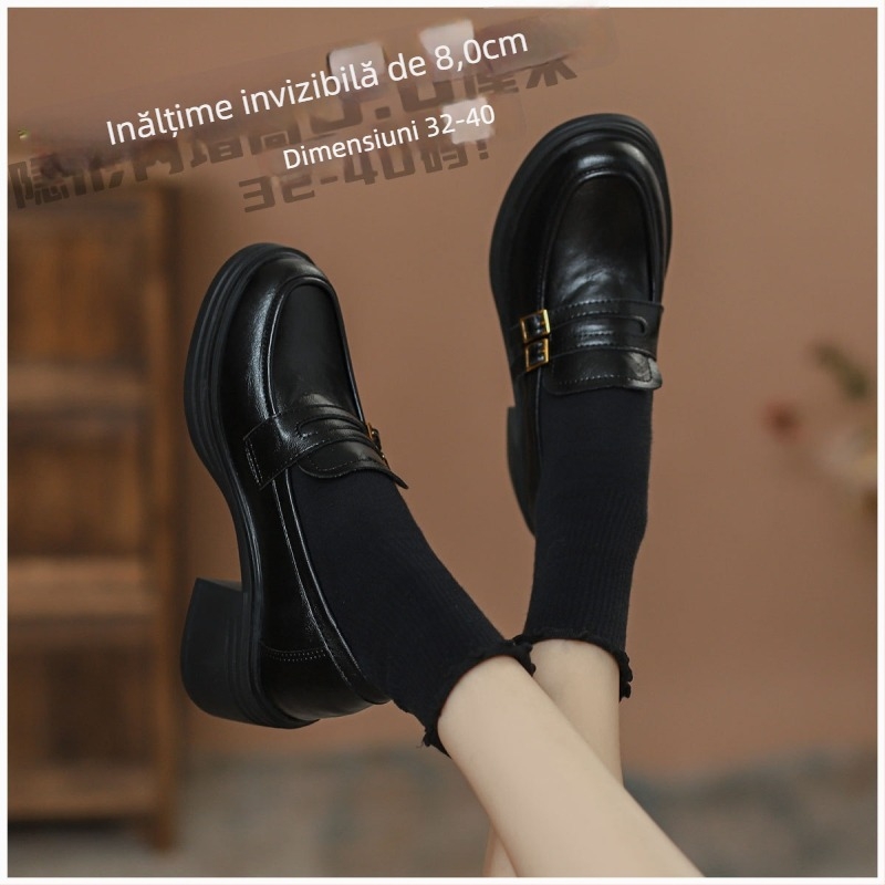 Loafers din piele cu creștere de 8,0 cm, vârf rotund, toc gros, slip-on cu cataramă