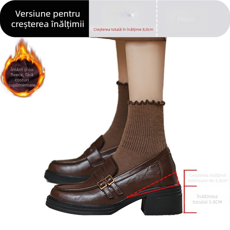 Loafers din piele cu creștere de 8,0 cm, vârf rotund, toc gros, slip-on cu cataramă