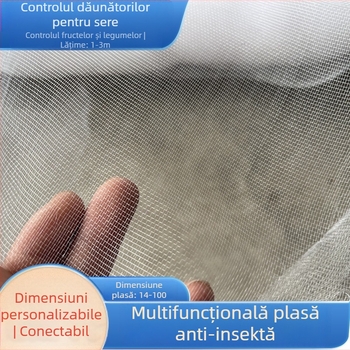 Plasă antipăiană din polietilenă cu 60 de ochi pentru sere, grădinărit, flori și pomi fructiferi, acvacultură; diametrul firului 0,1 mm; durata de viață 3–5 ani.