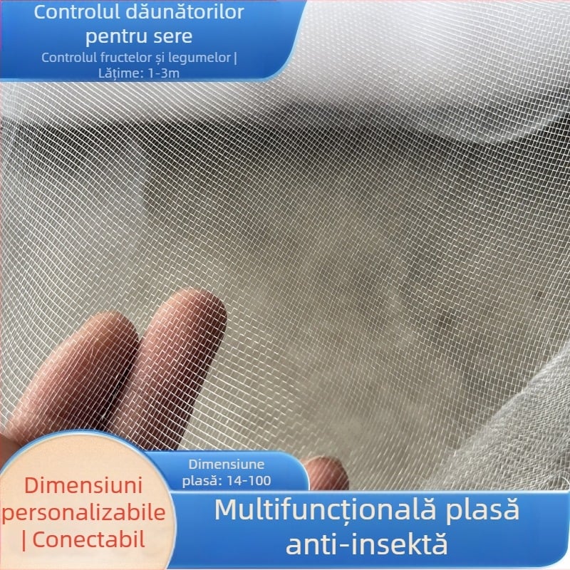 Plasă antipăiană din polietilenă cu 60 de ochi pentru sere, grădinărit, flori și pomi fructiferi, acvacultură; diametrul firului 0,1 mm; durata de viață 3–5 ani.