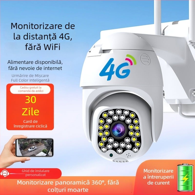 Cameră de supraveghere outdoor pentru uz casnic, rezoluție 8MP/4K, temperatură de funcționare -20°C până la 60°C, alimentare 220V, carcasă ABS+PC, pentru interior și exterior.