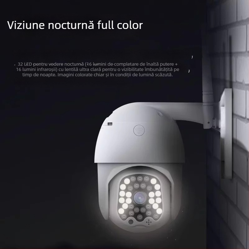 Cameră de supraveghere outdoor pentru uz casnic, rezoluție 8MP/4K, temperatură de funcționare -20°C până la 60°C, alimentare 220V, carcasă ABS+PC, pentru interior și exterior.