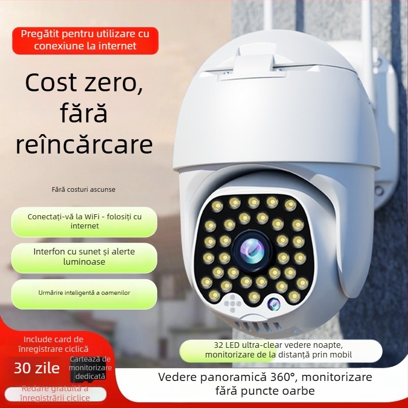 Cameră de supraveghere outdoor pentru uz casnic, rezoluție 8MP/4K, temperatură de funcționare -20°C până la 60°C, alimentare 220V, carcasă ABS+PC, pentru interior și exterior.