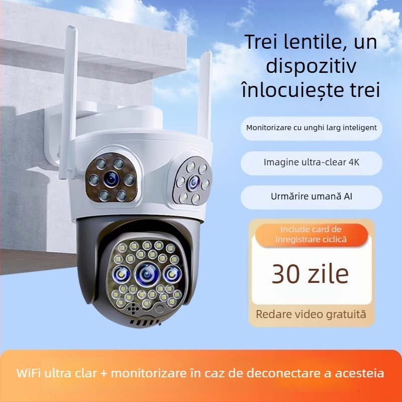 Cameră de supraveghere outdoor pentru uz casnic, rezoluție 8MP/4K, temperatură de funcționare -20°C până la 60°C, alimentare 220V, carcasă ABS+PC, pentru interior și exterior.