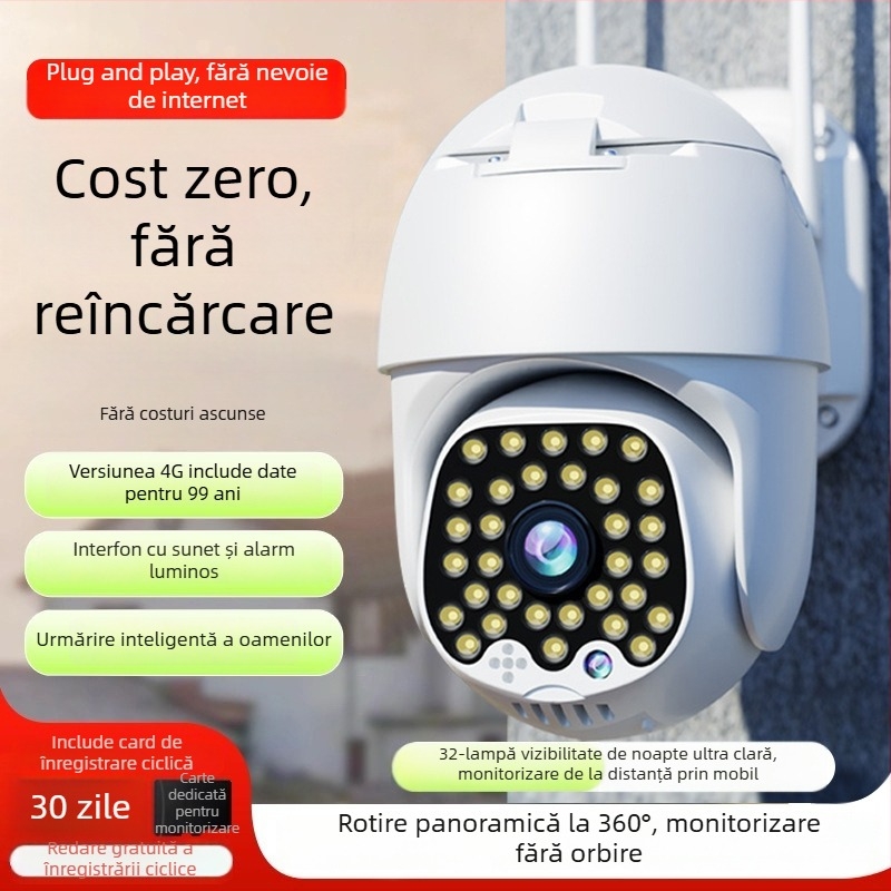 Cameră de supraveghere outdoor pentru uz casnic, rezoluție 8MP/4K, temperatură de funcționare -20°C până la 60°C, alimentare 220V, carcasă ABS+PC, pentru interior și exterior.