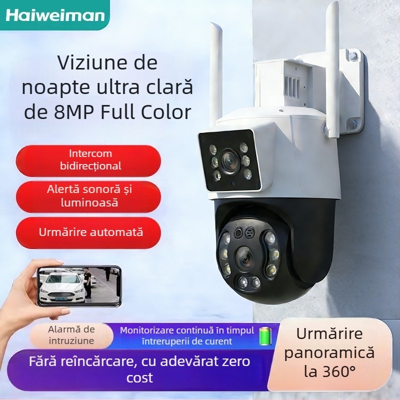 Cameră de supraveghere outdoor pentru uz casnic, rezoluție 8MP/4K, temperatură de funcționare -20°C până la 60°C, alimentare 220V, carcasă ABS+PC, pentru interior și exterior.