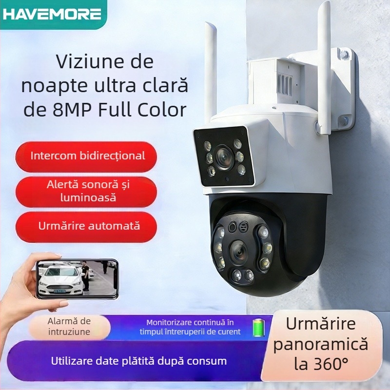 Cameră de supraveghere outdoor pentru uz casnic, rezoluție 8MP/4K, temperatură de funcționare -20°C până la 60°C, alimentare 220V, carcasă ABS+PC, pentru interior și exterior.