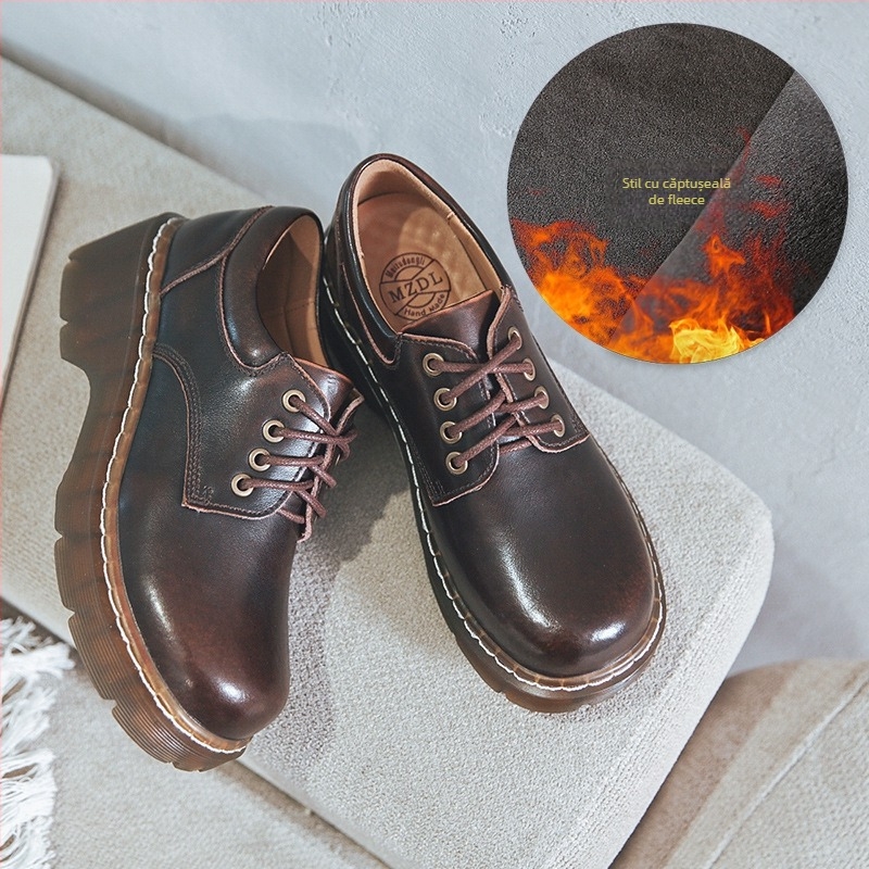 Pantofi din piele în stil colegiu, talpă groasă, din două straturi de piele de vacă, vârf rotund, toc mediu 3-5 cm, talpă din tendon de vițel