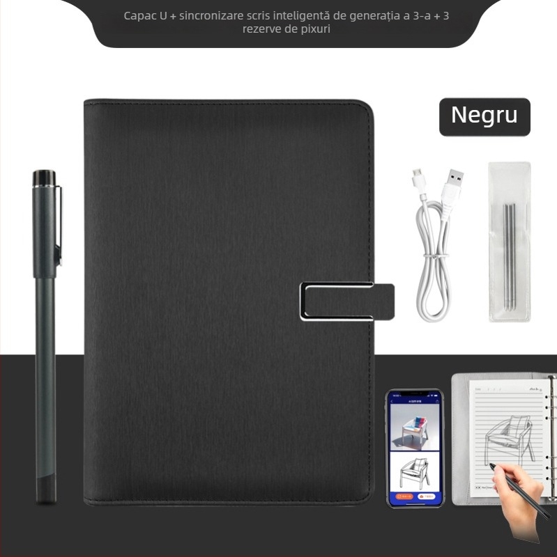 Notebook inteligent cu sincronizare cu telefonul, încărcare wireless — copertă din piele artificială; legare: foi libere; hârtie 80 gsm; pagini 100–200
