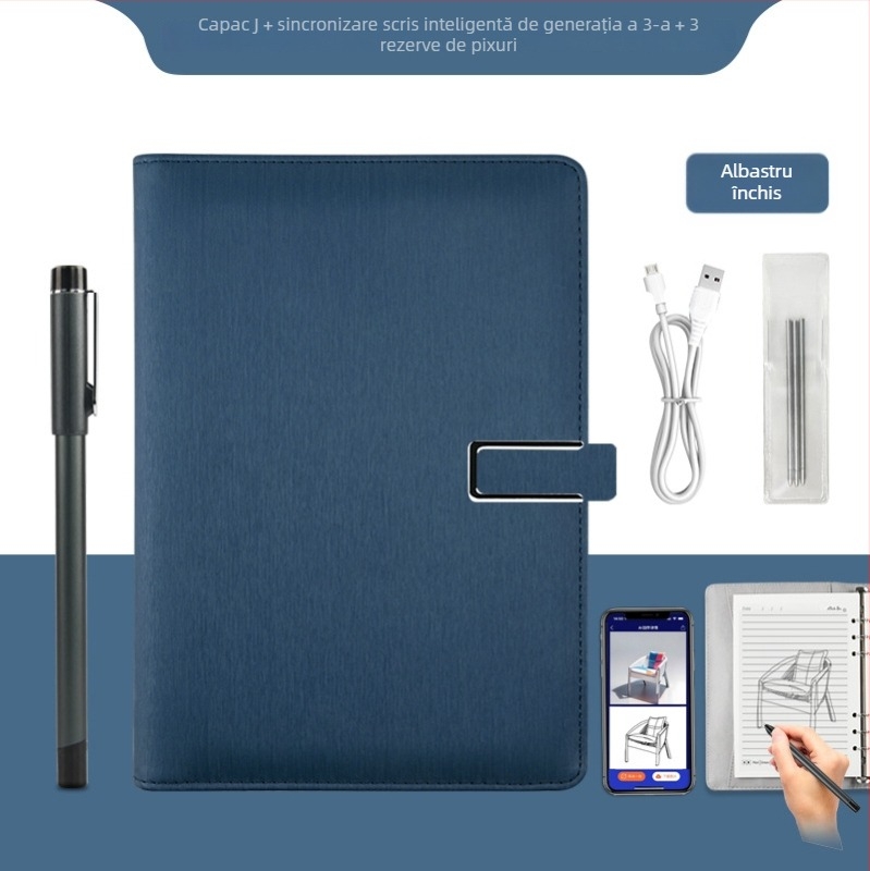 Notebook inteligent cu sincronizare cu telefonul, încărcare wireless — copertă din piele artificială; legare: foi libere; hârtie 80 gsm; pagini 100–200