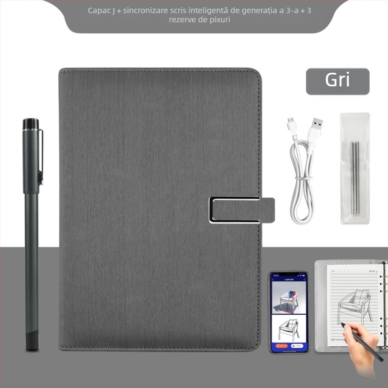 Notebook inteligent cu sincronizare cu telefonul, încărcare wireless — copertă din piele artificială; legare: foi libere; hârtie 80 gsm; pagini 100–200