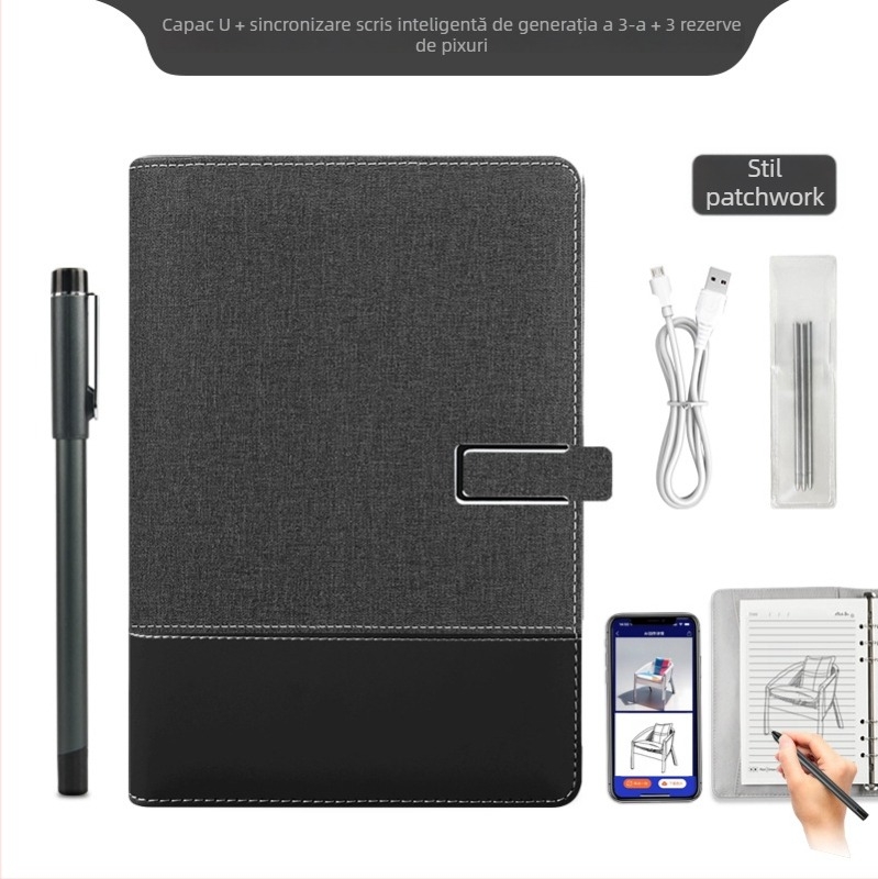 Notebook inteligent cu sincronizare cu telefonul, încărcare wireless — copertă din piele artificială; legare: foi libere; hârtie 80 gsm; pagini 100–200