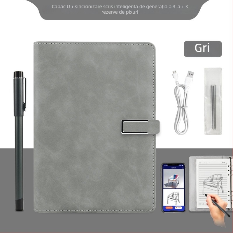 Notebook inteligent cu sincronizare cu telefonul, încărcare wireless — copertă din piele artificială; legare: foi libere; hârtie 80 gsm; pagini 100–200