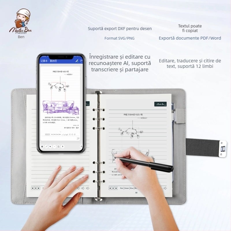 Notebook inteligent cu sincronizare cu telefonul, încărcare wireless — copertă din piele artificială; legare: foi libere; hârtie 80 gsm; pagini 100–200