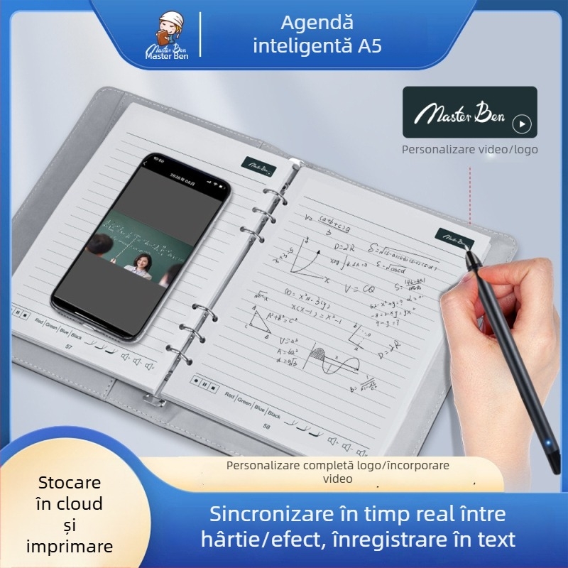 Notebook inteligent cu sincronizare cu telefonul, încărcare wireless — copertă din piele artificială; legare: foi libere; hârtie 80 gsm; pagini 100–200