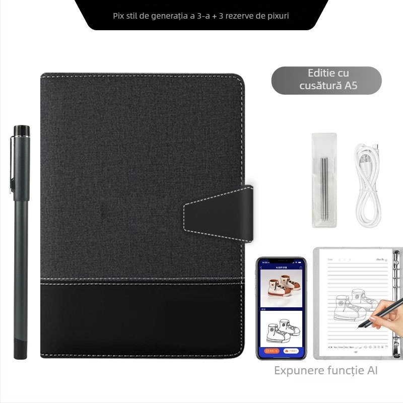 Notebook inteligent cu sincronizare cu telefonul, încărcare wireless — copertă din piele artificială; legare: foi libere; hârtie 80 gsm; pagini 100–200