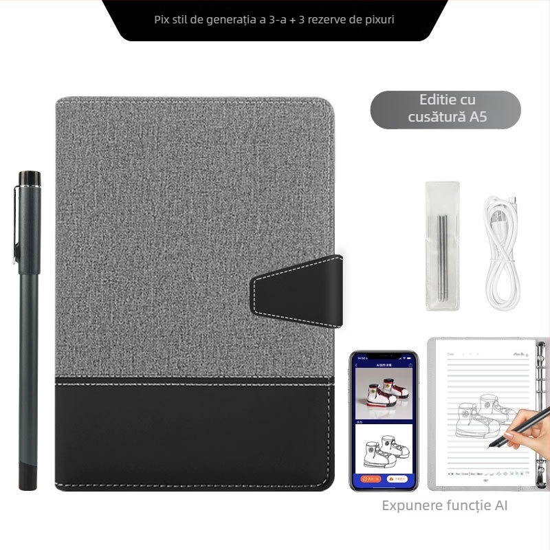 Notebook inteligent cu sincronizare cu telefonul, încărcare wireless — copertă din piele artificială; legare: foi libere; hârtie 80 gsm; pagini 100–200
