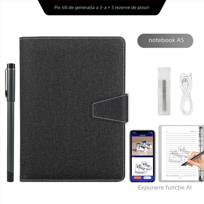 Notebook inteligent cu sincronizare cu telefonul, încărcare wireless — copertă din piele artificială; legare: foi libere; hârtie 80 gsm; pagini 100–200