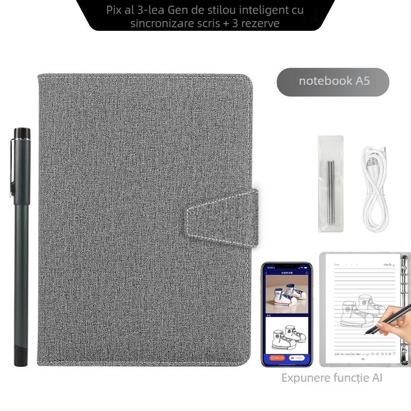 Notebook inteligent cu sincronizare cu telefonul, încărcare wireless — copertă din piele artificială; legare: foi libere; hârtie 80 gsm; pagini 100–200