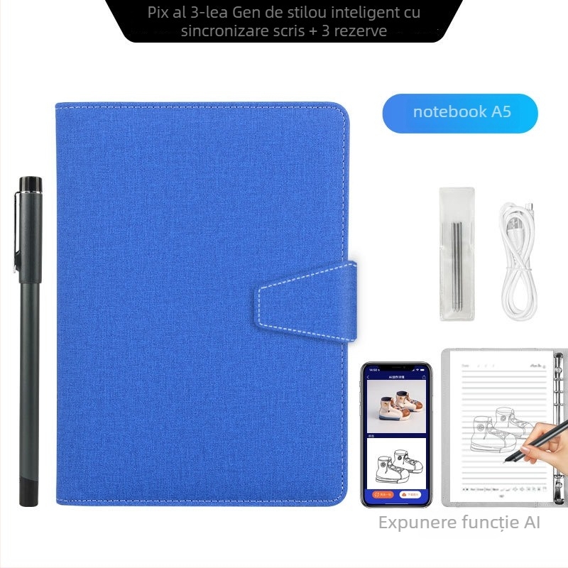 Notebook inteligent cu sincronizare cu telefonul, încărcare wireless — copertă din piele artificială; legare: foi libere; hârtie 80 gsm; pagini 100–200