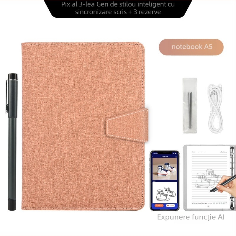 Notebook inteligent cu sincronizare cu telefonul, încărcare wireless — copertă din piele artificială; legare: foi libere; hârtie 80 gsm; pagini 100–200