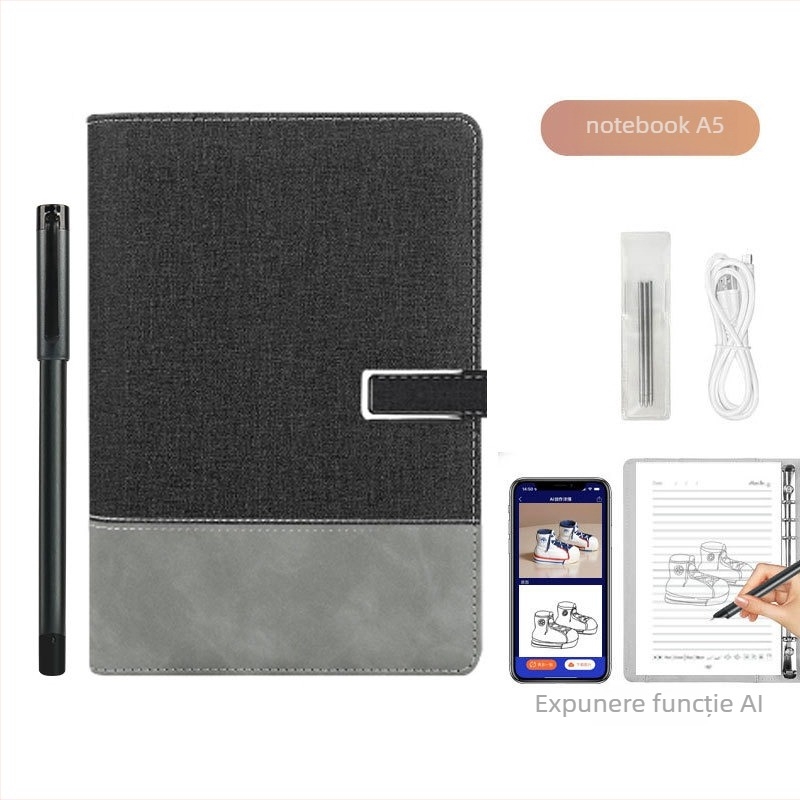 Notebook inteligent cu sincronizare cu telefonul, încărcare wireless — copertă din piele artificială; legare: foi libere; hârtie 80 gsm; pagini 100–200