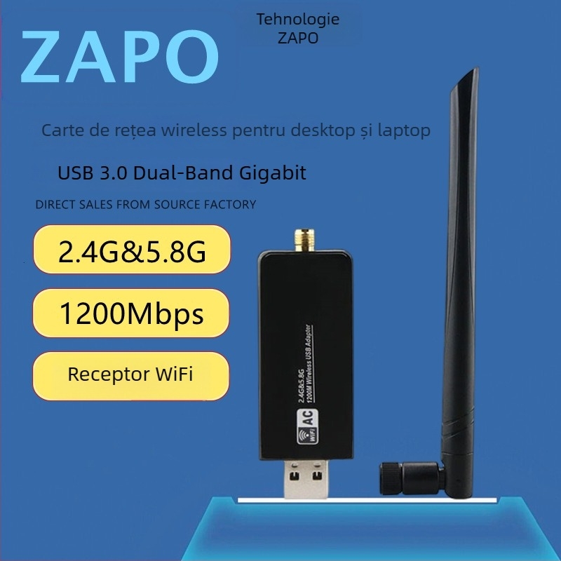 ZAPO W50L-5DB adaptor USB Wi‑Fi, RTL8812AU, 1200Mbps, dual-band 2.4/5GHz, suportă IEEE 802.11ac/a/b/g/n