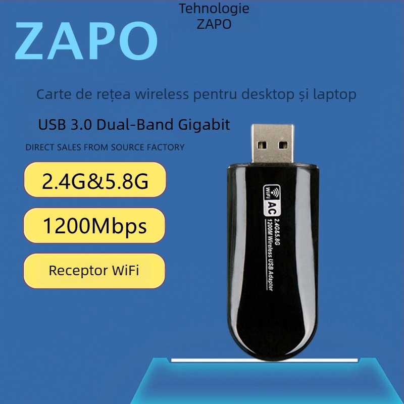 ZAPO W50L-5DB adaptor USB Wi‑Fi, RTL8812AU, 1200Mbps, dual-band 2.4/5GHz, suportă IEEE 802.11ac/a/b/g/n