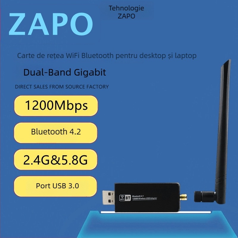 ZAPO W50L-5DB adaptor USB Wi‑Fi, RTL8812AU, 1200Mbps, dual-band 2.4/5GHz, suportă IEEE 802.11ac/a/b/g/n