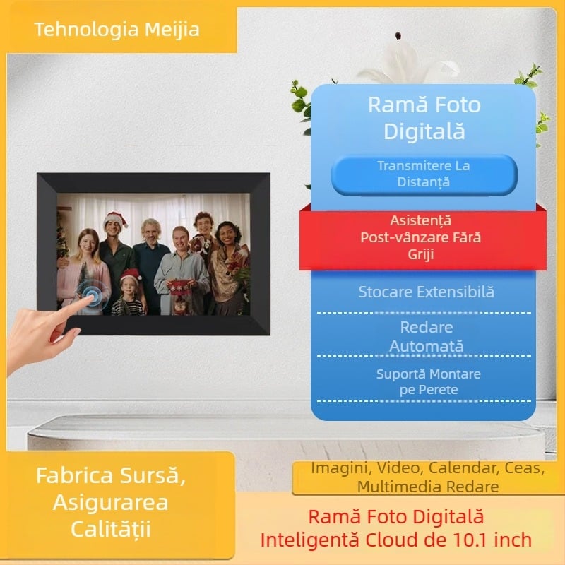 Ramă digitală inteligentă pentru fotografii, ecran tactil, transfer în cloud prin Wi‑Fi, compatibil Frameo, suport card TF, 1280x800, 32GB