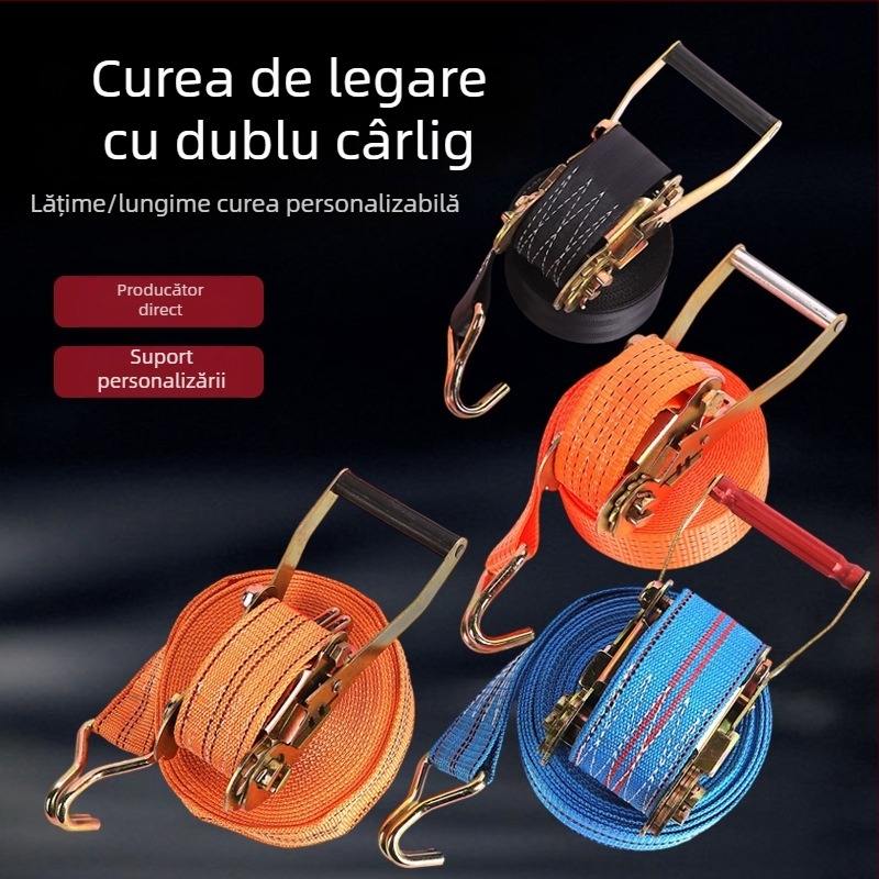 Curele de prindere pentru încărcături cu cârlig dublu, curele din poliester, tensionator cu mecanism de reglare pentru transportul mărfurilor