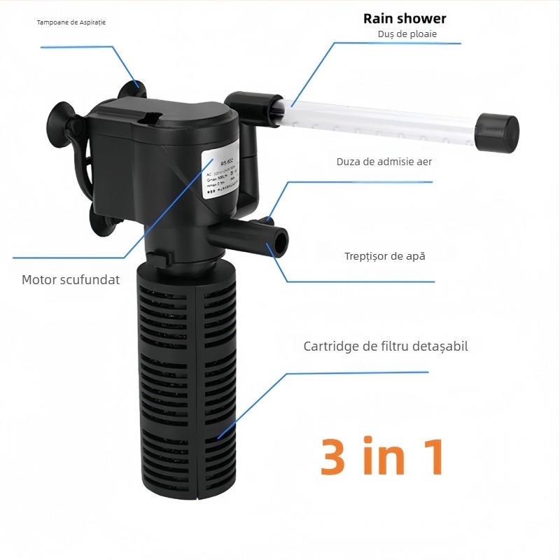 Filtru submersibil pentru acvariu cu sistem în trei în unu, tip picurare, pentru oxigenare silențioasă (RS-602, plastic)