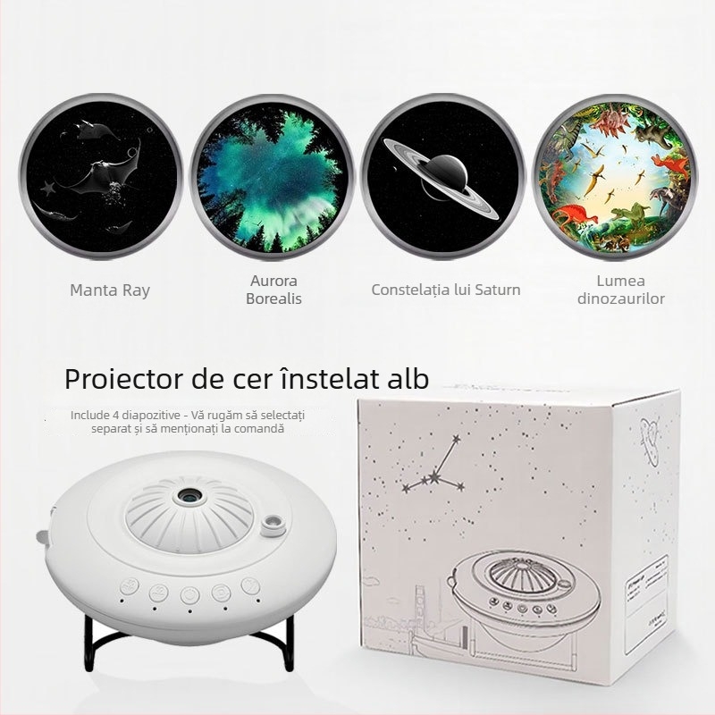 Proiector stele cer cu design farfurie zburătoare, baterie Li‑ion încorporată, operare manuală, instalare în Taiwan