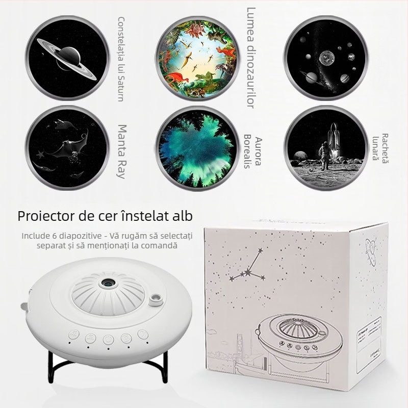 Proiector stele cer cu design farfurie zburătoare, baterie Li‑ion încorporată, operare manuală, instalare în Taiwan