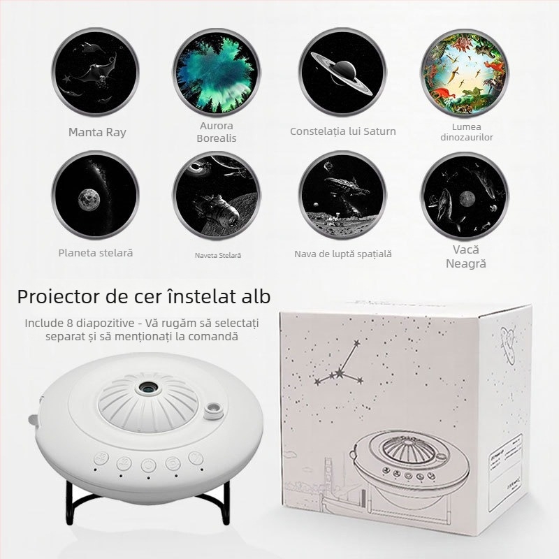 Proiector stele cer cu design farfurie zburătoare, baterie Li‑ion încorporată, operare manuală, instalare în Taiwan