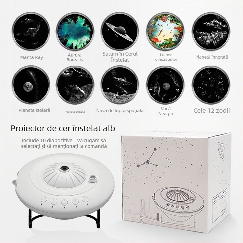 Proiector stele cer cu design farfurie zburătoare, baterie Li‑ion încorporată, operare manuală, instalare în Taiwan