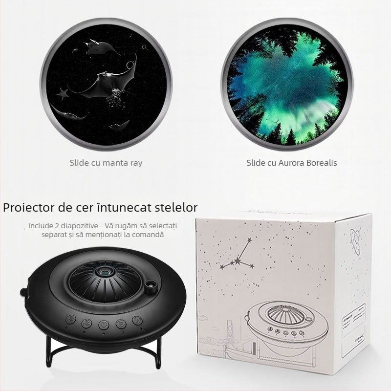 Proiector stele cer cu design farfurie zburătoare, baterie Li‑ion încorporată, operare manuală, instalare în Taiwan