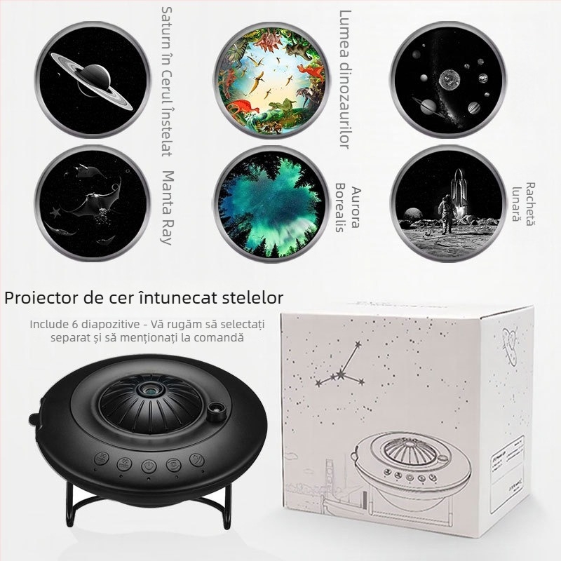 Proiector stele cer cu design farfurie zburătoare, baterie Li‑ion încorporată, operare manuală, instalare în Taiwan