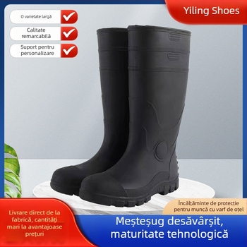 Ghete de ploaie de protecție industrială cu partea superioară PVC și talpa din plastic; guler înalt, căptușeală interioară cu plasă și branț textil; anti-derapare, respirante, rezistente la uzură