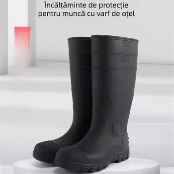 Ghete de ploaie de protecție industrială cu partea superioară PVC și talpa din plastic; guler înalt, căptușeală interioară cu plasă și branț textil; anti-derapare, respirante, rezistente la uzură