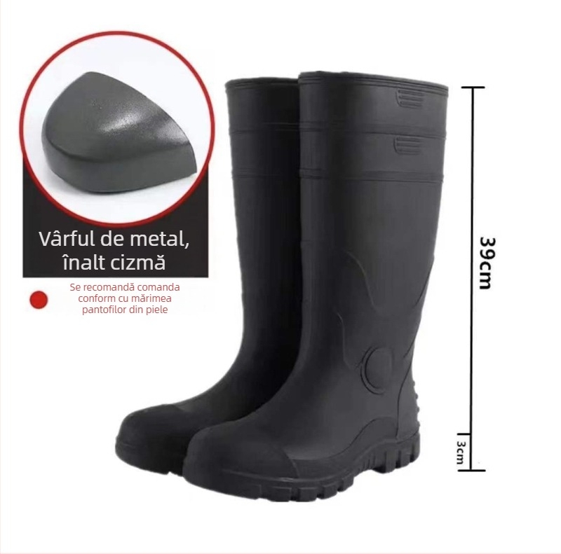 Ghete de ploaie de protecție industrială cu partea superioară PVC și talpa din plastic; guler înalt, căptușeală interioară cu plasă și branț textil; anti-derapare, respirante, rezistente la uzură