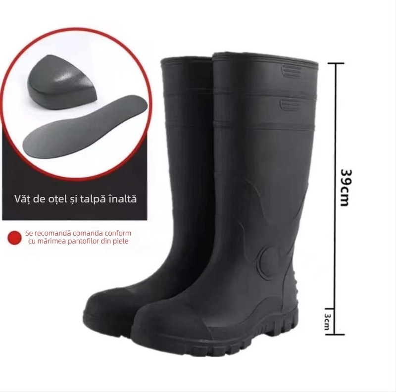 Ghete de ploaie de protecție industrială cu partea superioară PVC și talpa din plastic; guler înalt, căptușeală interioară cu plasă și branț textil; anti-derapare, respirante, rezistente la uzură