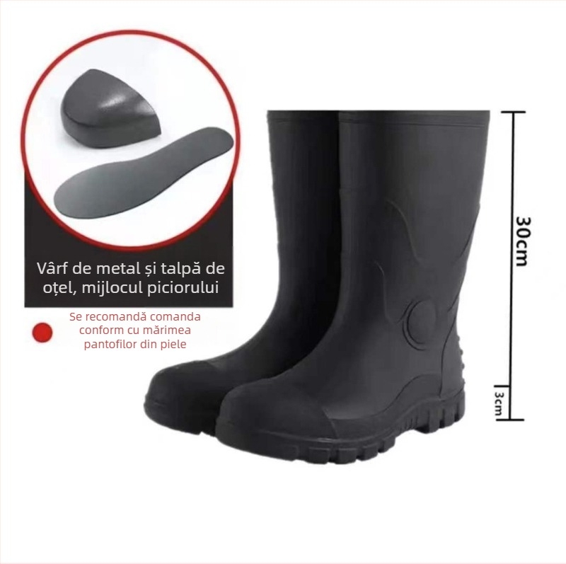 Ghete de ploaie de protecție industrială cu partea superioară PVC și talpa din plastic; guler înalt, căptușeală interioară cu plasă și branț textil; anti-derapare, respirante, rezistente la uzură
