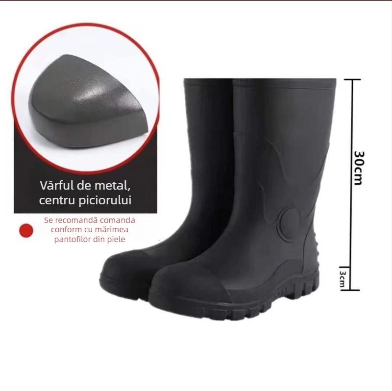 Ghete de ploaie de protecție industrială cu partea superioară PVC și talpa din plastic; guler înalt, căptușeală interioară cu plasă și branț textil; anti-derapare, respirante, rezistente la uzură