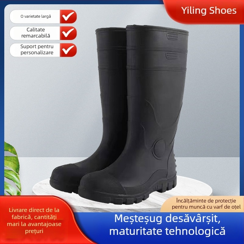 Ghete de ploaie de protecție industrială cu partea superioară PVC și talpa din plastic; guler înalt, căptușeală interioară cu plasă și branț textil; anti-derapare, respirante, rezistente la uzură