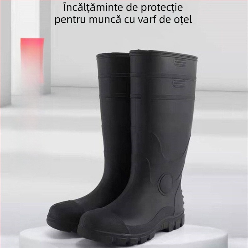 Ghete de ploaie de protecție industrială cu partea superioară PVC și talpa din plastic; guler înalt, căptușeală interioară cu plasă și branț textil; anti-derapare, respirante, rezistente la uzură