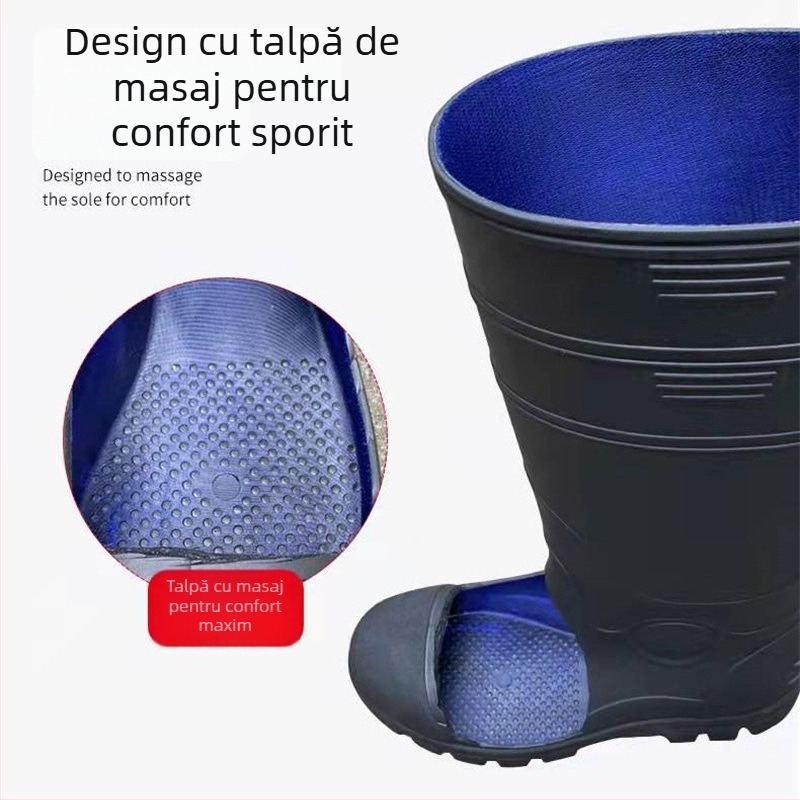 Ghete de ploaie de protecție industrială cu partea superioară PVC și talpa din plastic; guler înalt, căptușeală interioară cu plasă și branț textil; anti-derapare, respirante, rezistente la uzură