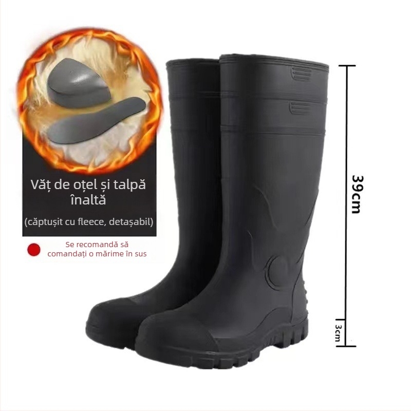 Ghete de ploaie de protecție industrială cu partea superioară PVC și talpa din plastic; guler înalt, căptușeală interioară cu plasă și branț textil; anti-derapare, respirante, rezistente la uzură
